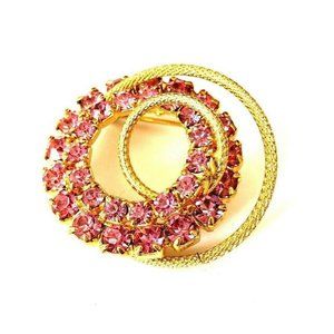 Vintage Pink Rhinestone Double Circle Wreath Brooch Gold Tone Unsigned